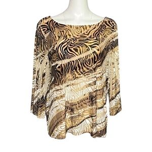 Chicos Velvet Burnout Top Brown Beige Tiger Stripe Elegant Boho Size 3 (XL)